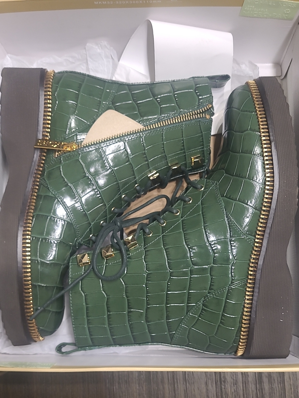 Michael Kors Women’s Green Croc-Embossed Lace-Up Wedge Boots